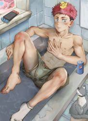 Rule 34 | 1boy, abs, absurdres, animal, bathing, bathtub, boxer briefs, brown eyes, can, cat, closed mouth, drink can, ezur3885, feet, grey male underwear, hand on own chest, handheld game console, highres, itadori yuuji, jujutsu kaisen, looking at viewer, male focus, male underwear, navel, nintendo switch, nipples, partially submerged, pink hair, rubber duck, short hair, single sock, socks, soda can, solo, thighs, toned, toned male, undercut, underwear, water