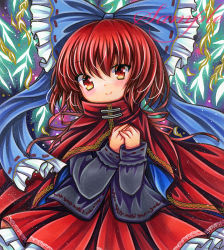 Rule 34 | 1girl, black shirt, blue bow, bow, cape, closed mouth, cowboy shot, embellished costume, frilled bow, frills, hair bow, long sleeves, looking at viewer, marker (medium), medium hair, own hands together, red cape, red eyes, red hair, red ribbon, red skirt, ribbon, rui (sugar3), sample watermark, sekibanki, shirt, skirt, smile, solo, standing, touhou, traditional media, watermark