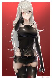 Rule 34 | 1girl, artist name, black corset, black gloves, black skirt, black thighhighs, blue eyes, border, breasts, commission, corset, darkpulsegg, finger gun, gloves, highres, large breasts, long hair, looking at viewer, medium breasts, nier:automata, nier (series), one eye closed, red background, skirt, sleeveless, solo, thighhighs, torn clothes, very long hair, white border, white hair, a2 (nier:automata), zettai ryouiki
