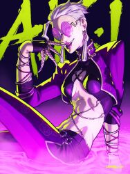 Rule 34 | 1girl, a.k.i. (street fighter), abs, arm support, asymmetrical hair, bracelet, breasts, claw (weapon), cleavage, crop top, dkirbyj, earrings, finger to mouth, glasses, hair slicked back, highres, jewelry, looking at viewer, multiple bracelets, official alternate costume, official alternate hairstyle, opaque glasses, open mouth, pale skin, partially opaque glasses, partially submerged, red lips, round eyewear, shrug (clothing), sidecut, sitting, smile, solo, street fighter, street fighter 6, tassel, tassel earrings, toned, undercut, weapon