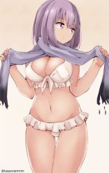 Rule 34 | 1girl, bikini, breasts, brown background, cleavage, closed mouth, commentary request, frilled bikini, frills, gradient background, gridman universe, groin, hair between eyes, large breasts, looking away, looking to the side, navel, purple eyes, purple hair, purple scarf, scarf, shinjou akane, solo, ssss.gridman, swimsuit, tasora, thigh gap, torn clothes, torn scarf, twitter username, white bikini
