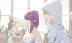 Rule 34 | 2girls, bare shoulders, blonde hair, blue eyes, breasts, bridal veil, cleavage, dress, flower, from side, highres, japanese clothes, kimono, large breasts, lily (flower), multiple girls, original, purple hair, uchikake, veil, wedding dress, white dress, wife and wife, yuri