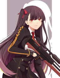 Rule 34 | 1girl, 3:, asymmetrical bangs, black gloves, blunt bangs, blush, breasts, buttons, chiramisu06, closed mouth, collared shirt, commentary, double-breasted, dress shirt, drop shadow, english commentary, engrish commentary, eyebrows hidden by hair, frown, girls&#039; frontline, gloves, gun, hair ribbon, holding, holding gun, holding weapon, large breasts, long hair, long sleeves, looking at viewer, necktie, one side up, purple hair, red eyes, red necktie, red ribbon, ribbon, serious, shirt, solo, straight hair, trigger discipline, wa2000 (girls&#039; frontline), weapon, weapon request, white shirt, wing collar