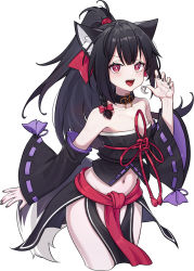 Rule 34 | 1girl, :d, animal ears, bare shoulders, black choker, black hair, black nails, black shirt, black skirt, braid, bright pupils, character request, choker, collarbone, crop top, cropped legs, detached sleeves, fox ears, fox girl, fox tail, highres, indie virtual youtuber, japanese clothes, long hair, long sleeves, looking at viewer, midriff, nail polish, navel, no panties, open mouth, pelvic curtain, ponytail, red eyes, shirt, simple background, skirt, smile, solo, stomach, strapless, strapless shirt, tail, thighs, toga (toganawa), tube top, very long hair, virtual youtuber, white background, wide sleeves