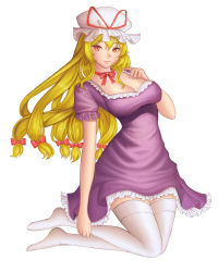 Rule 34 | 1girl, absurdres, blonde hair, breasts, corgi (artist), dress, frills, full body, hair ribbon, hand on breast, hat, hat ribbon, highres, large breasts, looking at viewer, mob cap, purple dress, red eyes, ribbon, simple background, solo, thighhighs, touhou, white thighhighs, yakumo yukari