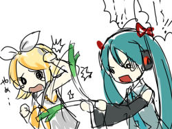 Rule 34 | 2girls, hatsune miku, hitting, kagamine rin, multiple girls, sketch, spring onion, twintails, vocaloid
