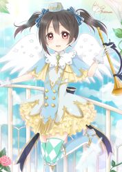 Rule 34 | 10s, 1girl, \m/, angel wings, black hair, boots, bow, brooch, character name, checkered clothes, checkered legwear, dress, frilled dress, frills, gloves, hair bow, hat, highres, instrument, instrument request, jewelry, looking at viewer, love live!, love live! school idol festival, love live! school idol project, mashuhope (chinesere), railing, red eyes, signature, smile, solo, standing, standing on one leg, star (symbol), thighhighs, twintails, white gloves, wings, yazawa nico