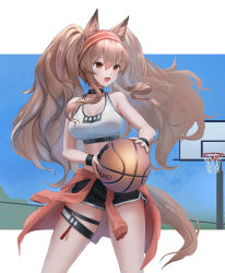 Rule 34 | 1girl, :d, angelina (arknights), animal ears, arknights, ball, basketball, basketball (object), black choker, black shorts, breasts, brown eyes, brown hair, choker, cleavage, commentary request, cowboy shot, crop top, fox ears, fox tail, hair between eyes, highres, holding, holding ball, large breasts, long hair, midriff, official alternate costume, open mouth, short shorts, shorts, sidelocks, smile, solo, sports bra, standing, sthk, tail, thighs, twintails, very long hair