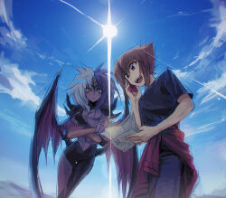 1boy 1other black_shirt blue_sky brown_eyes brown_hair clear_sky clothes_around_waist cloud crossed_arms demon demon_tail demon_wings green_eyes grey_pants heterochromia holding holding_paper holding_phone jacket jacket_around_waist looking_at_another looking_down moribuden mountain mountainous_horizon multicolored_hair open_clothes open_jacket open_mouth outdoors pants paper phone purple_hair red_jacket shirt sky smile sun sunlight tail talking_on_phone white_hair wings yellow_eyes yu-gi-oh! yu-gi-oh!_gx yubel yuki_judai