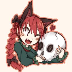 Rule 34 | 1girl, ;d, animal ears, bow, braid, cat ears, cropped torso, dress, fang, green dress, hair bow, heart, kaenbyou rin, kaginoni, one eye closed, open mouth, red eyes, red hair, simple background, skull, smile, touhou, twin braids, upper body, white background