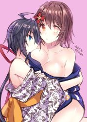 Rule 34 | 2girls, ahoge, black hair, blue eyes, blue kimono, breast smother, breasts, brown hair, cleavage, commentary request, face to breasts, flower, furutaka (kancolle), glowing, glowing eye, hair flower, hair ornament, heterochromia, japanese clothes, kabocha torute, kako (kancolle), kantai collection, kimono, large breasts, long hair, messy hair, multiple girls, off shoulder, one-hour drawing challenge, parted bangs, pink background, ponytail, print kimono, short hair, white kimono, yellow eyes, yukata, yuri