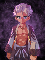 Rule 34 | 1boy, abs, child, colored skin, commentary, gem, highres, jewelry, kabon (b00902061), looking at viewer, male focus, multicolored hair, muscular, muscular child, muscular male, orange skin, purple eyes, purple hair, ragnarok online, scar, scar on chest, scared, solo, star (symbol), star emperor (ragnarok online), starry background, white hair