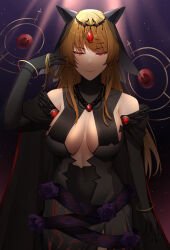 Rule 34 | absurdres, armpit crease, black gloves, blonde hair, breasts, cleavage, colored eyelashes, commission, dress, gem, gloves, highres, isabeau de baviere (madoka magica), jewelry, keenii (kenny86), large breasts, long dress, long hair, long sleeves, magia record: mahou shoujo madoka magica gaiden, mahou shoujo madoka magica, mahou shoujo tart magica, mask, necklace, pixiv commission, queen, rabbit mask, red eyes, royal robe, smile
