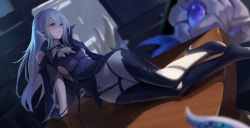 Rule 34 | 1girl, absurdres, arknights, black cape, black gloves, blurry, blurry background, breasts, cape, clothing cutout, eyelashes, ezi, full body, gladiia (arknights), gloves, high heels, highres, lips, long hair, looking afar, lying, medium breasts, nose, on side, on table, pale skin, pointy ears, red eyes, shoulder cutout, sideboob, silver hair, silver neckwear, solo, table, thighhighs, wide hips