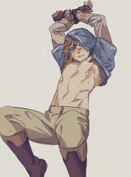 Rule 34 | 1boy, abs, arms up, biceps, blonde hair, blue eyes, blue shirt, blush, brown footwear, clothes lift, crossed arms, from above, full body, gloves, hair between eyes, highres, jewelry, link, looking at viewer, lying, male focus, medium hair, nintendo, on back, restrained, shirt, shirt lift, simple background, solo, sumooo (ga ilil), the legend of zelda, the legend of zelda: breath of the wild