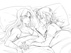 Rule 34 | 2girls, blush, byleth (female) (fire emblem), byleth (fire emblem), edelgard von hresvelg, fire emblem, fire emblem: three houses, greyscale, highres, jewelry, lingerie, monochrome, multiple girls, negligee, nightgown, nintendo, hugging object, pillow, pillow hug, ring, scar, sleeping, ticcy, under covers, underwear, yuri