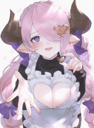 Rule 34 | 1girl, apron, black sweater, blue eyes, blush, bow, braid, breasts, brown horns, candy, chocolate, chocolate heart, cleavage cutout, clothing cutout, commentary, crown braid, draph, dress, food, frilled apron, frills, granblue fantasy, hair bow, hair ornament, hair over one eye, heart, heart-shaped pupils, heart cutout, heart hair ornament, highres, holding, holding chocolate, holding food, horns, large breasts, long hair, looking at viewer, low twintails, narmaya (granblue fantasy), narmaya (valentine) (granblue fantasy), official alternate costume, open mouth, pink hair, pointy ears, purple bow, simple background, smile, solo, star v1sta, sweater, sweater dress, symbol-only commentary, symbol-shaped pupils, turtleneck, turtleneck sweater, twintails, white background