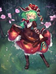 Rule 34 | 1girl, blunt bangs, blurry, blurry background, boots, branch, clothes lift, cross-laced footwear, depth of field, dress, dress lift, falling petals, from above, full body, grass, green eyes, green hair, hair ribbon, half-closed eye, highres, kagiyama hina, lace-up boots, lifted by self, long hair, one eye closed, outdoors, petals, ribbon, skirt, skirt hold, skirt lift, solo, standing, touhou, tree, wankosoba (wanwan soba)