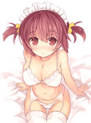 Rule 34 | 1girl, :o, arm support, bare arms, bare shoulders, bed sheet, blush, bow, bow panties, bra, breasts, brown eyes, brown hair, cleavage, collarbone, from above, garter belt, hair between eyes, hair ornament, hair scrunchie, kurasuke, kurasuke&#039;s maid girl, large breasts, looking at viewer, looking up, maid headdress, navel, nose blush, original, panties, parted lips, scrunchie, short twintails, sidelocks, sitting, solo, thighhighs, twintails, underwear, underwear only, white background, white bra, white panties, white thighhighs, yellow scrunchie