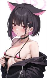 Rule 34 | 1girl, animal ears, bare shoulders, black choker, black hair, black jacket, blue archive, blush, breasts, choker, cleavage, collarbone, hair ornament, halo, highres, jacket, kazusa (blue archive), looking at viewer, marisasu (marisa0904), medium breasts, off shoulder, parted lips, pink hair, simple background, solo, underboob, upper body, white background