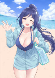Rule 34 | 1girl, ;d, absurdres, arhah, bag, beach, bikini, blue bikini, blue hair, blue sky, breasts, cleavage, cloud, commentary request, day, halterneck, handbag, high ponytail, highres, hood, hoodie, large breasts, long hair, looking at viewer, love live!, love live! sunshine!!, matsuura kanan, ocean, one eye closed, open mouth, outdoors, ponytail, purple eyes, sand, shore, sidelocks, sky, smile, solo, swimsuit, thighs, water, waving