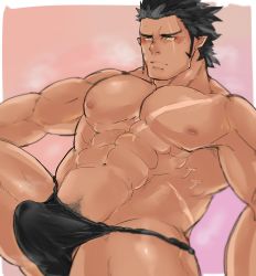 Rule 34 | 1boy, abs, bara, black hair, black male underwear, blush, bulge, dark-skinned male, dark skin, erection, erection under clothes, feet out of frame, fundoshi, fundoshi day, highres, hiraga0613, japanese clothes, large pectorals, long sideburns, male focus, male pubic hair, male underwear, mature male, muscular, muscular male, navel, nipples, original, pectorals, pubic hair, scar, scar on chest, short hair, sideburns, solo, spread legs, stomach, sweatdrop, thick thighs, thighs, underwear, underwear only