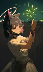 Rule 34 | 1girl, absurdres, animal ears, black choker, black jacket, black wristband, blue archive, blunt bangs, blurry, bob cut, bracelet, cat ears, cat girl, choker, clothes around waist, colored inner hair, commentary, depth of field, earrings, extra ears, fence, fireworks, greyscale, halo, highres, holding, holding fireworks, jacket, jacket around waist, jewelry, kazusa (band) (blue archive), kazusa (blue archive), leaning on object, looking afar, looking up, mask, mask around neck, monochrome, mouth mask, multicolored hair, night, night sky, official alternate costume, parted lips, pleated skirt, print shirt, red eyes, renn 01, senkou hanabi, shirt, short hair, short sleeves, sidelocks, skirt, sky, solo, sparkler, surgical mask, symbol-only commentary, t-shirt, two-tone hair, white shirt, white skirt