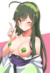 Rule 34 | 1girl, ;), ahoge, blush, breasts, brown eyes, closed mouth, collarbone, convenient censoring, food on body, food on breasts, gradient kimono, green hair, green hairband, green kimono, hair between eyes, hairband, hand up, index finger raised, japanese clothes, kimono, kimono pull, konnyaku (kk-monmon), long hair, looking at viewer, medium breasts, obi, one eye closed, pink background, sash, smile, solo, touhoku zunko, two-tone background, v-shaped eyebrows, very long hair, voiceroid, white background, white kimono, wide sleeves