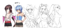 Rule 34 | 5girls, ahoge, animal ears, antenna hair, armlet, armpits, bad id, bad pixiv id, bare shoulders, bat wings, bell, black neckwear, black shorts, black skirt, blouse, blue eyes, blue hair, blunt bangs, breasts, breasts apart, brown hair, china dress, chinese clothes, choker, cleavage, closed mouth, clothing cutout, collar, corset, cowboy shot, cross-laced clothes, cross-laced cutout, crossed arms, detached sleeves, dress, fang, fang out, fins, folding fan, frilled shirt, frills, gloves, grey legwear, hair between eyes, hair ribbon, halterneck, hand fan, hand on own hip, head fins, highres, holding, holding fan, holding wand, horns, lady bat, large breasts, leotard, lineart, long hair, long sleeves, looking at viewer, medium breasts, mermaid melody pichi pichi pitch, miniskirt, multiple girls, neck bell, no bra, ohisashiburi, open clothes, open shirt, pantyhose, pantyhose under shorts, parted bangs, partially colored, pencil skirt, pinky out, pointy ears, ponytail, red eyes, ribbon, sash, shirt, short hair, short shorts, shorts, simple background, skirt, slit pupils, small breasts, smile, spiked armlet, spiked choker, spikes, standing, strapless, thighhighs, tube top, turtleneck, twintails, very long hair, wand, white background, white shirt, wings