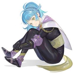 Rule 34 | 1girl, ahoge, black bodysuit, black gloves, blue hair, bodysuit, cape, closed mouth, commentary, earrings, english commentary, fire emblem, fire emblem heroes, gloves, green eyes, head tilt, highres, jewelry, kyufe, long hair, long sleeves, looking at viewer, nintendo, ponytail, reginn (fire emblem), simple background, sitting, smile, solo, white background, white cape