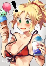 Rule 34 | !, 1girl, bad id, bad pixiv id, bikini, bikini top only, blonde hair, blush, breasts, fate/apocrypha, fate/grand order, fate (series), food, green eyes, grey background, ice cream, ice cream cone, looking down, mordred (fate), mordred (fate/apocrypha), mordred (swimsuit rider) (first ascension) (fate), nipples, open mouth, ponpoko, red bikini, short hair, simple background, sketch, small breasts, solo, swimsuit, upper body, wardrobe malfunction
