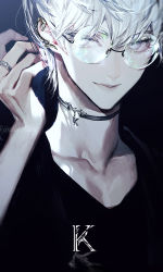 Rule 34 | 1boy, black shirt, blue eyes, choker, closed mouth, collarbone, earrings, glasses, highres, jewelry, koshika rina, looking at viewer, male focus, original, ring, shirt, short hair, smile, solo, v-neck, white hair