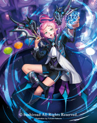Rule 34 | 1boy, ahoge, artist name, boots, capelet, cardfight!! vanguard, company name, copyright name, dragwizard semias, fukuzou, green eyes, male focus, official art, pink hair, pointy ears, potion, sitting, solo, syringe