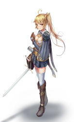 Rule 34 | 1girl, absurdres, ahoge, bag, belt, blush, boots, breasts, brown footwear, brown gloves, cape, cleavage, gloves, grey cape, grey skirt, hair ornament, highres, holding, holding sword, holding weapon, knee boots, long hair, looking at viewer, medium breasts, original, potion, red eyes, sheath, side ponytail, skirt, solo, standing, sword, thighhighs, tmtl aos, weapon, white background, white thighhighs