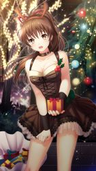 Rule 34 | 1girl, antlers, black choker, box, breasts, brown dress, brown eyes, brown hair, brown hairband, buckle, choker, christmas, christmas tree, cleavage, collarbone, doukyuusei, doukyuusei another world, dress, dress tug, fake antlers, game cg, gift, gift bag, gift box, hair between eyes, hair ribbon, hairband, holding, holding box, horns, large breasts, long hair, looking at viewer, official art, open mouth, red ribbon, reindeer antlers, ribbon, sleeveless, sleeveless dress, solo, standing, tanaka misa, very long hair