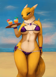 Rule 34 | 1girl, animal ears, artist name, beach, bikini, black sclera, blue eyes, blue sky, breasts, cloud, cocktail umbrella, colored sclera, cup, day, digimon, digimon (creature), drink, drinking glass, female focus, fox tail, furry, furry female, glass, half-closed eyes, hand up, highres, large breasts, looking at viewer, navel, ocean, open mouth, outdoors, photonoko, purple bikini, renamon, signature, sky, smile, solo, standing, swimsuit, tail, text focus, underboob, waitress, water, wristband