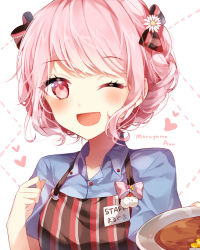Rule 34 | 1girl, ;d, alternate hairstyle, apron, artist name, bang dream!, blue shirt, bow, braid, character name, clenched hand, collared shirt, curry, flower, food, hair bow, hair flower, hair ornament, hand up, heart, holding, holding plate, looking at viewer, maruyama aya, name tag, one eye closed, open mouth, pink eyes, pink hair, plate, shirt, short sleeves, sidelocks, smile, solo, striped apron, striped bow, striped clothes, taya oco, upper body
