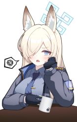 Rule 34 | 1girl, animal ear fluff, animal ears, armband, black gloves, blonde hair, blue archive, blue necktie, breasts, collared shirt, commentary request, gloves, grey jacket, grey shirt, hair over one eye, halo, hand up, highres, jacket, kanna (blue archive), long hair, long sleeves, looking at viewer, medium breasts, necktie, open mouth, puffy long sleeves, puffy sleeves, shirt, simple background, solo, spoken squiggle, sprout (haji s), squiggle, upper body, white background