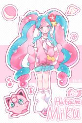 Rule 34 | 1girl, :&lt;, absurdres, aqua eyes, aqua hair, aqua skirt, blush, border, bull sprite (pokemon), cardigan, character name, chinese commentary, choker, closed mouth, collarbone, collared shirt, colored eyelashes, commentary request, creatures (company), curly hair, earrings, fairy miku (project voltage), flower, fossil sprite (pokemon), full body, game freak, gen 1 pokemon, green eyes, hair flower, hair ornament, hatsune miku, heart, heart choker, highres, jewelry, jigglypuff, knees, leg warmers, legs, long hair, long sleeves, looking at viewer, momosake-momoko, multicolored hair, musical note, neckerchief, nintendo, parted lips, pillow, pink background, pink cardigan, pink eyes, pink footwear, pink hair, pink theme, plaid, plaid skirt, pleated skirt, poke ball, pokemon, pokemon (creature), project voltage, red flower, scrunchie, shirt, skirt, sleeves past wrists, socks, standing, star (symbol), streaked hair, thighs, twintails, two-tone eyes, two-tone hair, v arms, very long hair, vocaloid, white border, white choker, white neckerchief, white shirt, white socks, wrist scrunchie, yellow flower, yellow scrunchie, yume kawaii