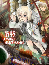 Rule 34 | 2girls, blonde hair, blue eyes, brown eyes, brown hair, character name, gertrud barkhorn, glasses, lab coat, laboratory, long hair, md5 mismatch, military, military uniform, mishiro shinza, multiple girls, resolution mismatch, science, short hair, source larger, strike witches, strike witches: suomus misfits squadron, twintails, uniform, ursula hartmann, world witches series