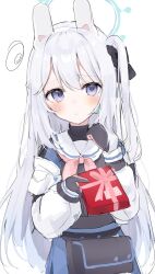 Rule 34 | 1girl, animal ears, blue archive, blue halo, blue serafuku, blue skirt, blush, box, closed mouth, commentary, fake animal ears, gift, gift box, grey hair, hair between eyes, halo, highres, holding, holding gift, long hair, long sleeves, looking at viewer, miyako (blue archive), neckerchief, noko (nco029685627), one side up, pink neckerchief, purple eyes, rabbit ears, sailor collar, school uniform, serafuku, simple background, skirt, solo, symbol-only commentary, white background, white sailor collar