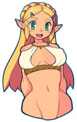 Rule 34 | 1girl, alternate costume, arms behind back, bare arms, bare shoulders, blonde hair, blush, braid, breasts, cleavage, green eyes, groin, hair ornament, hairclip, halterneck, long hair, looking at viewer, medium breasts, midriff, navel, nintendo, open mouth, parted bangs, pointy ears, princess zelda, shirt, sidelocks, simple background, slammo, smile, solo, teeth, the legend of zelda, the legend of zelda: breath of the wild, upper body, upper teeth only, white background, white shirt
