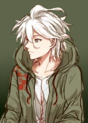 Rule 34 | 1boy, brown background, closed mouth, collarbone, commentary request, danganronpa (series), danganronpa 2: goodbye despair, dated, expressionless, gradient background, green background, green jacket, hair between eyes, hood, hood down, hooded jacket, jacket, komaeda nagito, long sleeves, male focus, meipoi, print shirt, shirt, short hair, simple background, solo, upper body, white hair, white shirt