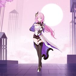 1girl black_footwear black_gloves black_shorts blue_eyes boots breasts chinese_commentary cleavage clothing_cutout daokouniao elf elysia_(honkai_impact) elysia_(miss_pink_elf)_(honkai_impact) full_body full_moon gloves hair_between_eyes hair_ornament hand_on_own_chest high_heel_boots high_heels highres honkai_(series) honkai_impact_3rd long_hair moon one_eye_closed pink_hair pink_sky pointy_ears shirt short_shorts shorts side_cutout single_glove sky thighhighs white_shirt zettai_ryouiki