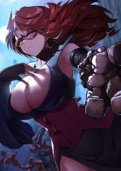 Rule 34 | 1girl, breasts, clay, cleavage, cleavage cutout, closed mouth, clothing cutout, dress, elbow gloves, eye mask, fingerless gloves, floating hair, frown, fujioka yatsufusa, gloves, green eyes, heterochromia, highres, kamen america (comic), large breasts, long hair, looking at viewer, night, purple eyes, reaching, reaching towards viewer, red hair, solo, underbust, upper body, vermillion masquerade