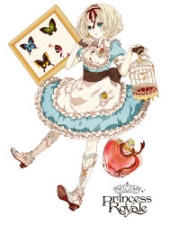 Rule 34 | 1girl, alice (alice in wonderland), alice in wonderland, birdcage, blonde hair, blue eyes, boots, bottle, bug, butterfly, cage, commentary request, copyright name, cork, dress, full body, hair ribbon, highres, bug, massuru, parted lips, pin, princess royale, ribbon, short hair, solo, white background, white footwear, white legwear