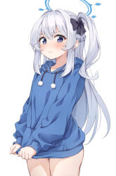 Rule 34 | 1girl, ass, blue archive, blue halo, blue hoodie, blush, braid, closed mouth, collarbone, cowboy shot, grey hair, hair between eyes, halo, highres, hood, hood down, hoodie, long hair, long sleeves, looking at viewer, matsu520, miyako (blue archive), miyako (young) (blue archive), one side up, purple eyes, simple background, solo, white background