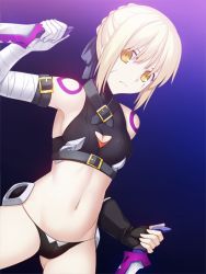 Rule 34 | 1girl, artoria pendragon (all), artoria pendragon (fate), bandages, bare shoulders, black panties, black thighhighs, blonde hair, boots, cosplay, dagger, fate/apocrypha, fate/stay night, fate (series), fingerless gloves, gloves, jack the ripper (fate/apocrypha) (cosplay), knife, looking at viewer, lowleg, lowleg panties, midriff, navel, panties, saber (fate), saber alter, scar, short hair, single glove, skylader, solo, thigh boots, thighhighs, underwear, weapon, yellow eyes