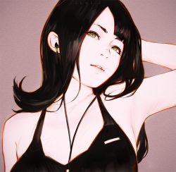 Rule 34 | 1girl, arm up, armpits, asymmetrical bangs, bare shoulders, black hair, expressionless, female focus, gradient background, green eyes, guweiz, hand in own hair, ilya kuvshinov (style), looking at viewer, original, parted lips, solo, upper body