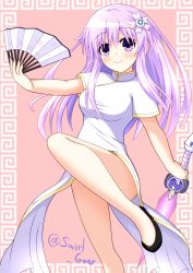 Rule 34 | absurdres, breasts, china dress, chinese clothes, collar, dress, fan, feet, flower, highres, long hair, medium breasts, nepgear, neptune (series), purple eyes, purple hair, shoes, skirt, smile, swirl gear, sword, thighs, very long hair, weapon